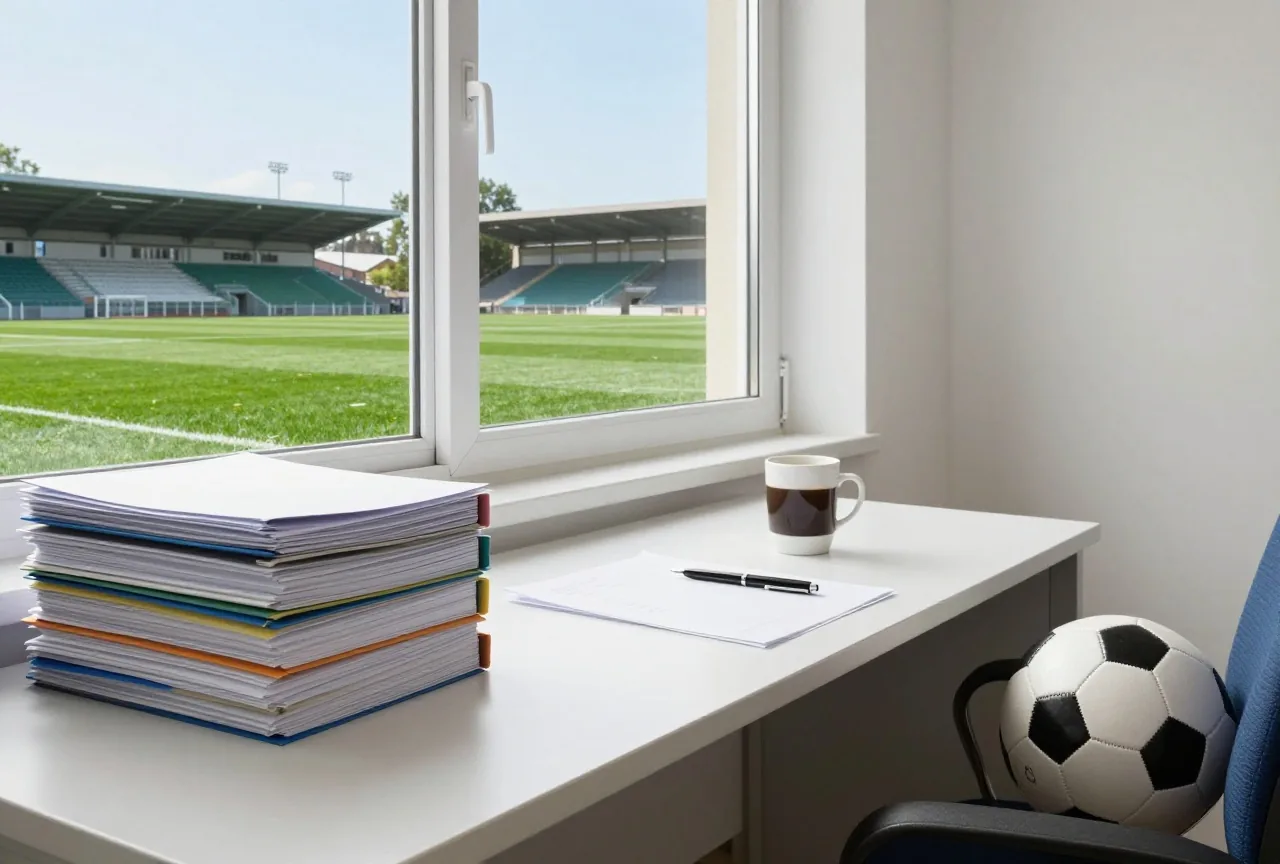 Schreibtisch mit gestapelten geschlossenen Ordnern, Stift und Kaffeetasse, in der Ecke ein Fußball auf einem Stuhl