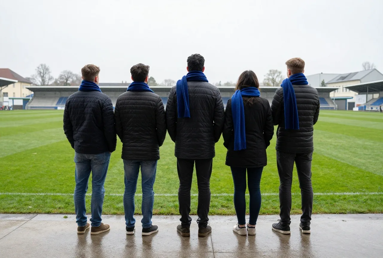 Fans mit schlichten Schals stehen bei leichtem Regen auf einer alten Betontribüne, von hinten gesehen