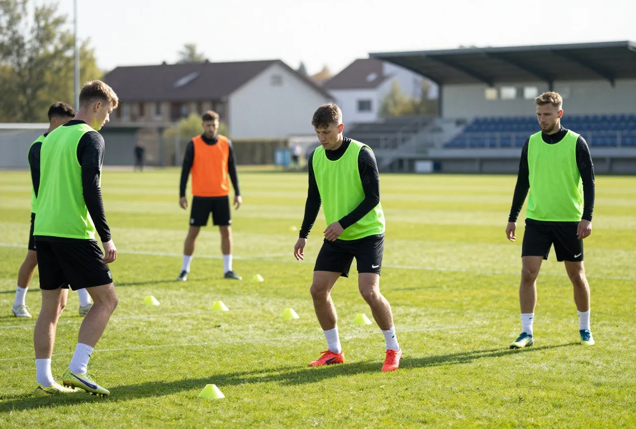 Junge erwachsene Fußballer in schlichten Leibchen beim Passtraining auf einem Trainingsplatz, Hütchen auf dem Rasen