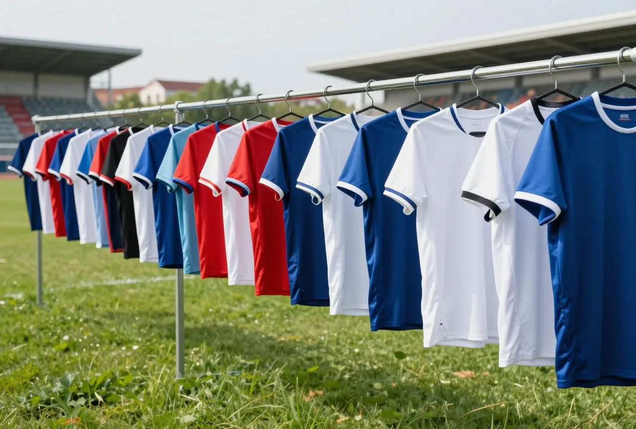 Viele schlichte Fußballtrikots in unterschiedlichen Farben hängen nebeneinander an einer langen Kleiderstange