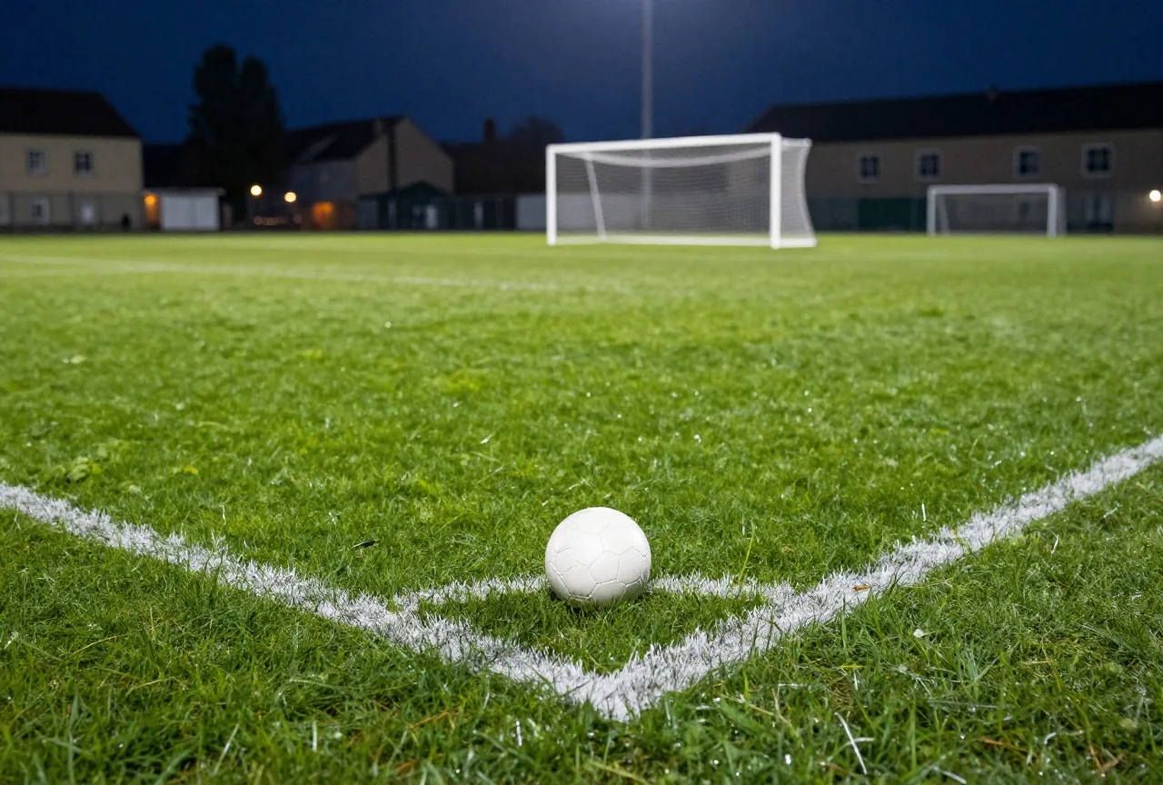 Ein weißer Ball liegt auf dem Elfmeterpunkt eines nassen Rasens im Flutlicht, dahinter unscharf das Tor