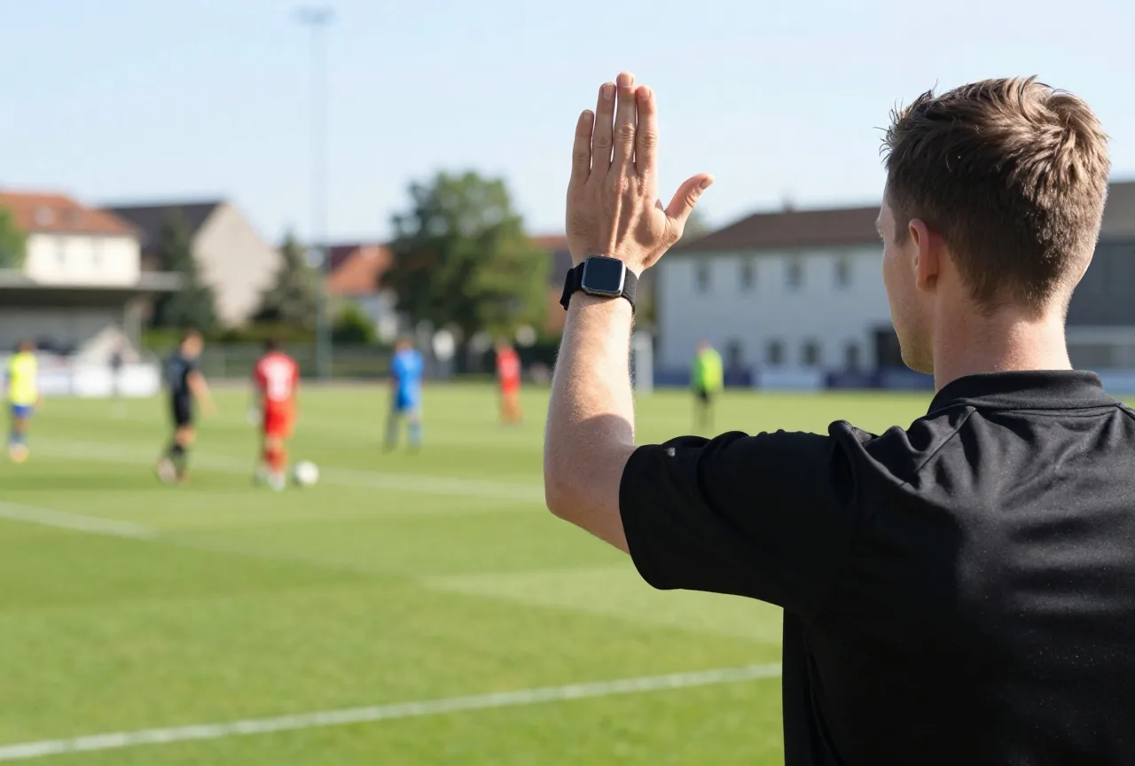 Ein Schiedsrichter von hinten hebt eine offene Hand, im Hintergrund unscharf Spieler auf dem Rasen