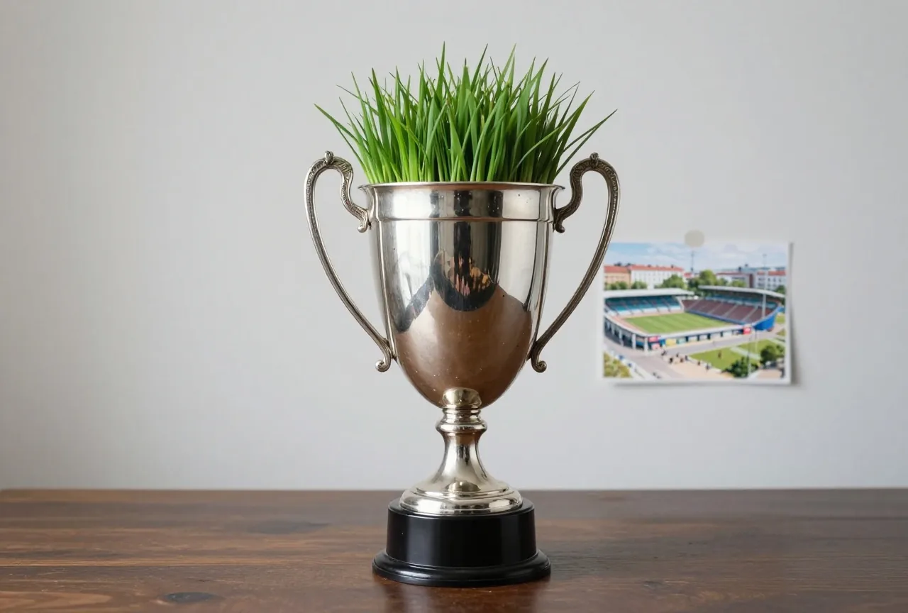 Großer silberner Pokal mit zwei Henkeln auf einem dunklen Holztisch im Licht eines Strahlers
