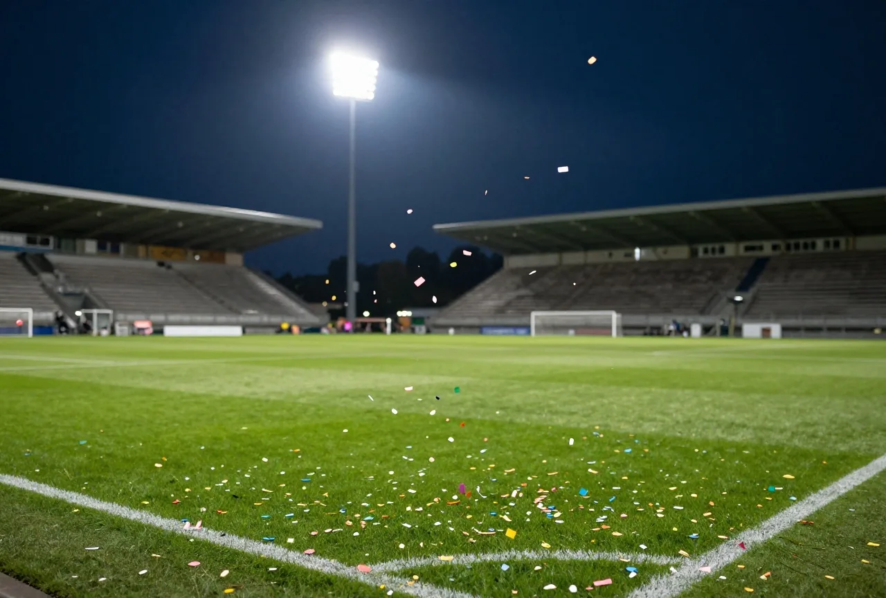Bunte Konfetti fallen nachts im Flutlicht auf einen leeren grünen Fußballrasen, das Stadion unscharf
