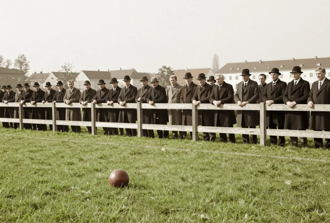 Alter Fußballplatz um 1905 mit Holzzaun, Zuschauer in Mänteln und Hüten von hinten gesehen, im Sepiaton