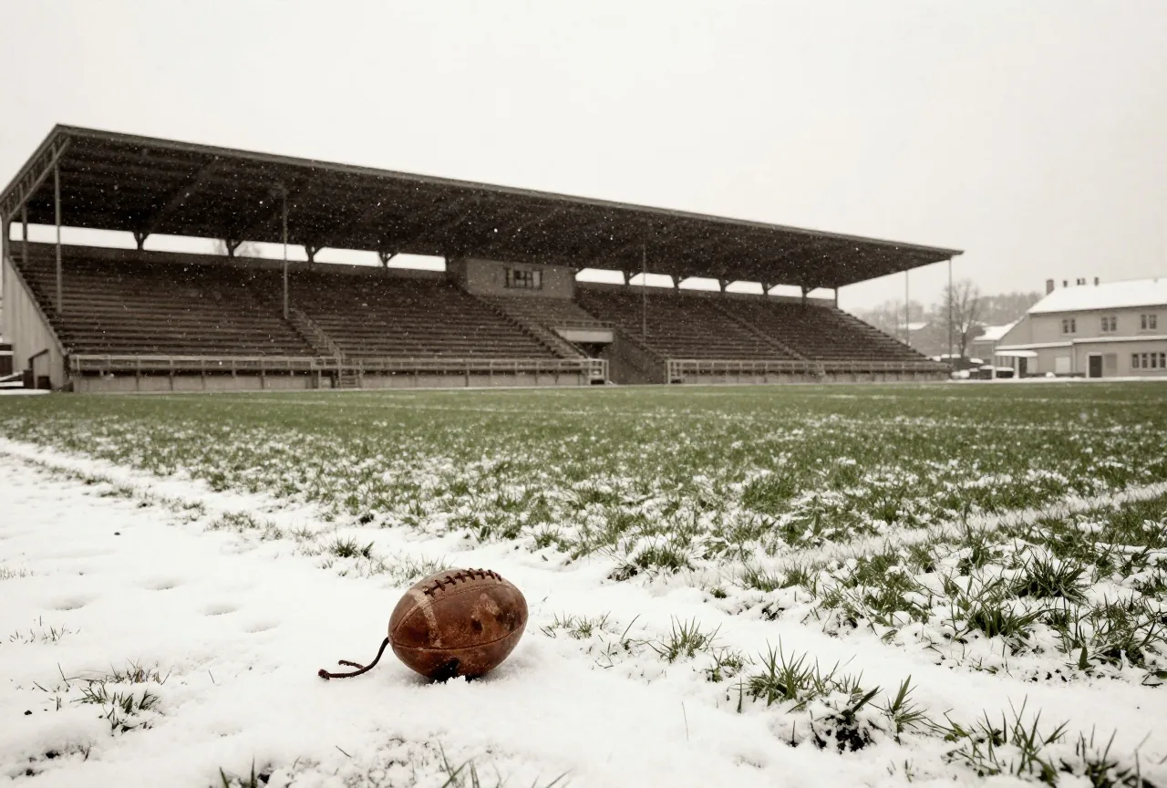 Altes Stadion im Schneetreiben mit Holztribünen, ein brauner Lederball liegt im Schnee an der Seitenlinie