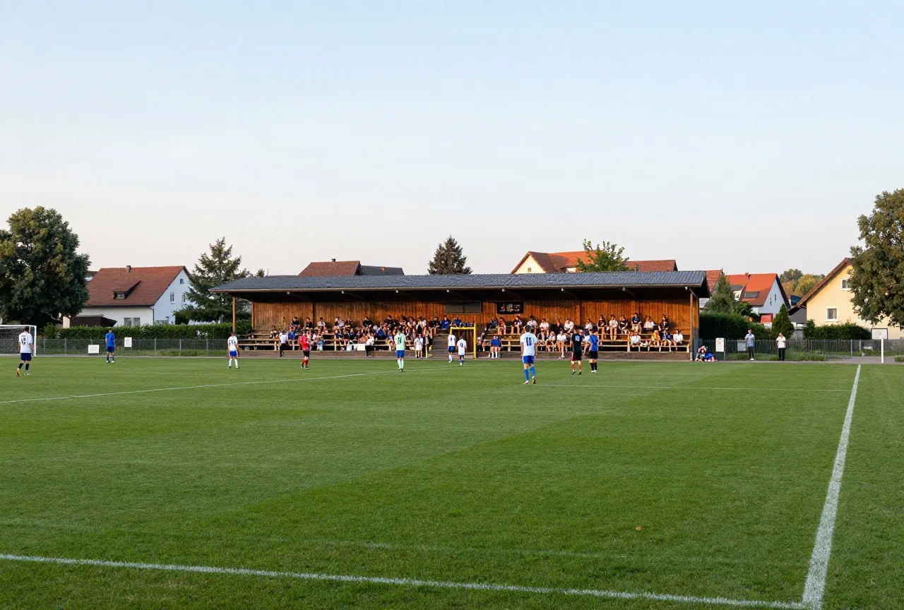 Kleiner Dorfsportplatz an einem Sommerabend, volle Holztribüne, zwei Mannschaften spielen vor vielen Zuschauern