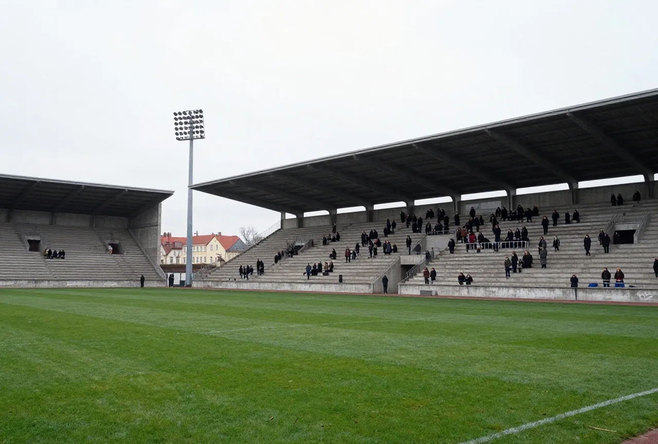Alte Stehplatzränge aus Beton in einem Stadion der 1970er Jahre, Zuschauer in Wintermänteln, grauer Nachmittag