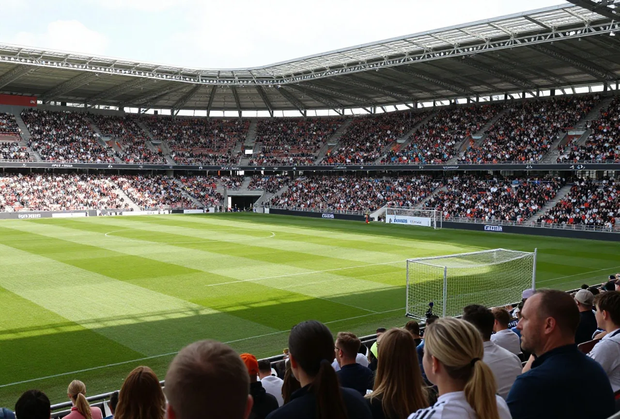 Voll besetztes Stadion bei einem Spiel der Frauen, Blick von hinter dem Tor über den Rasen