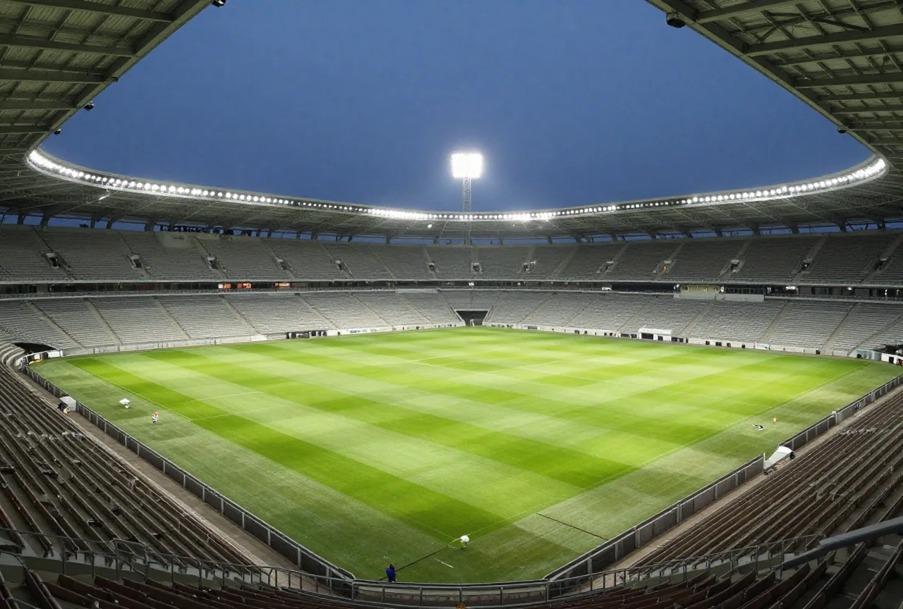 Großes Stadion mit geschwungenem Dach bei Nacht, leerer grüner Rasen unter Flutlicht