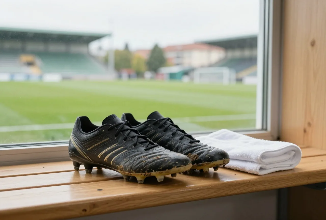 Getragene schwarze Fußballschuhe mit Schmutz an den Stollen auf einer Holzbank in der Kabine