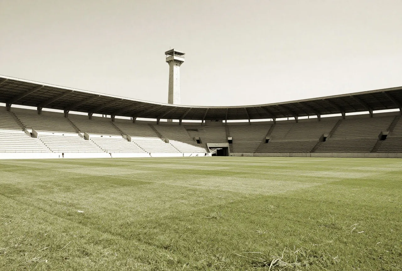 Altes Stadion aus den 1930er Jahren mit Betonturm und offenen Rängen, in Sepiatönen