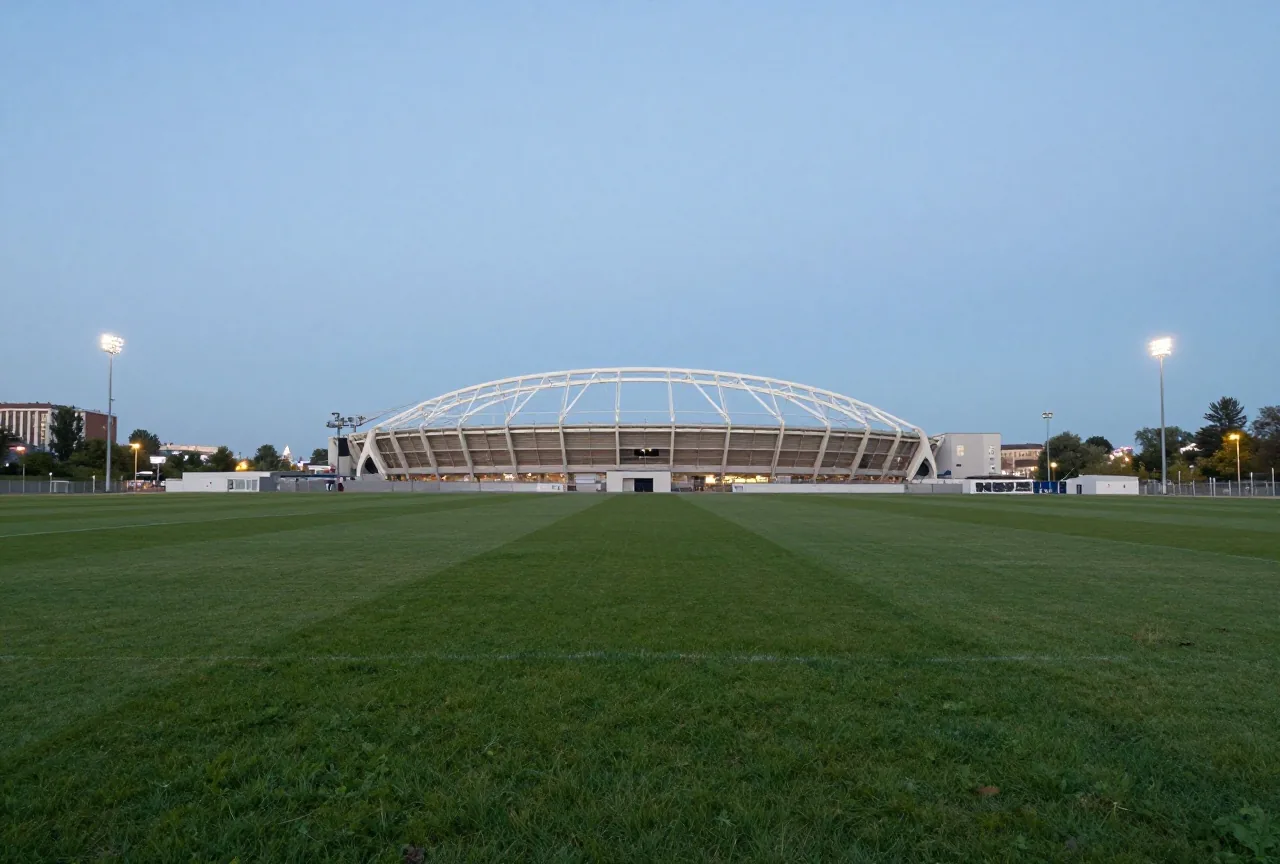 Modernes Stadion mit großem weißem Bogen über dem Dach in der Abenddämmerung, rundherum die Lichter der Stadt