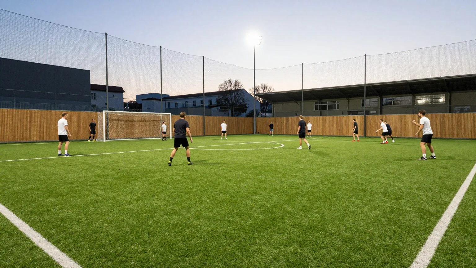 Abendliches Hallenfußballspiel von Erwachsenen auf einem Kunstrasen-Kleinfeld mit Banden und Netzen