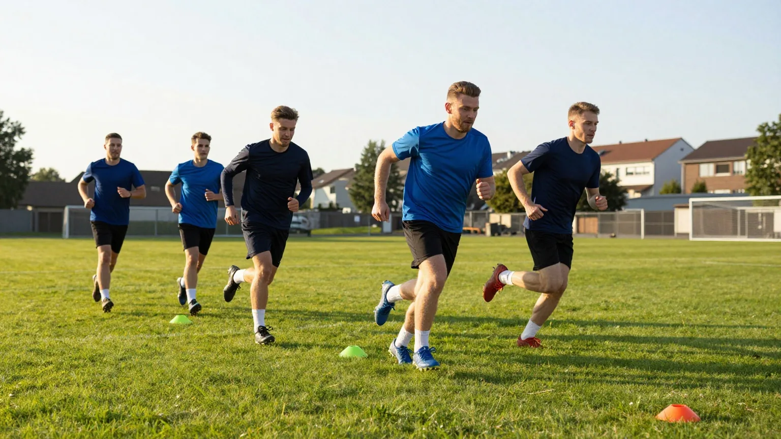 Amateurfußballer in schlichten Trainingsshirts sprinten nebeneinander über einen Rasenplatz in der Abendsonne
