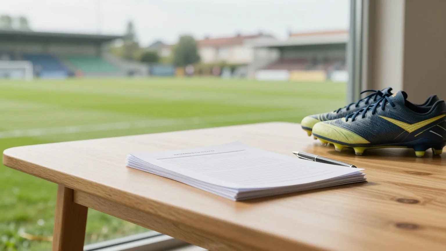 Holztisch im Vereinsheim mit leeren Formularen, Kugelschreiber und Fußballschuhen, draußen unscharf ein Sportplatz