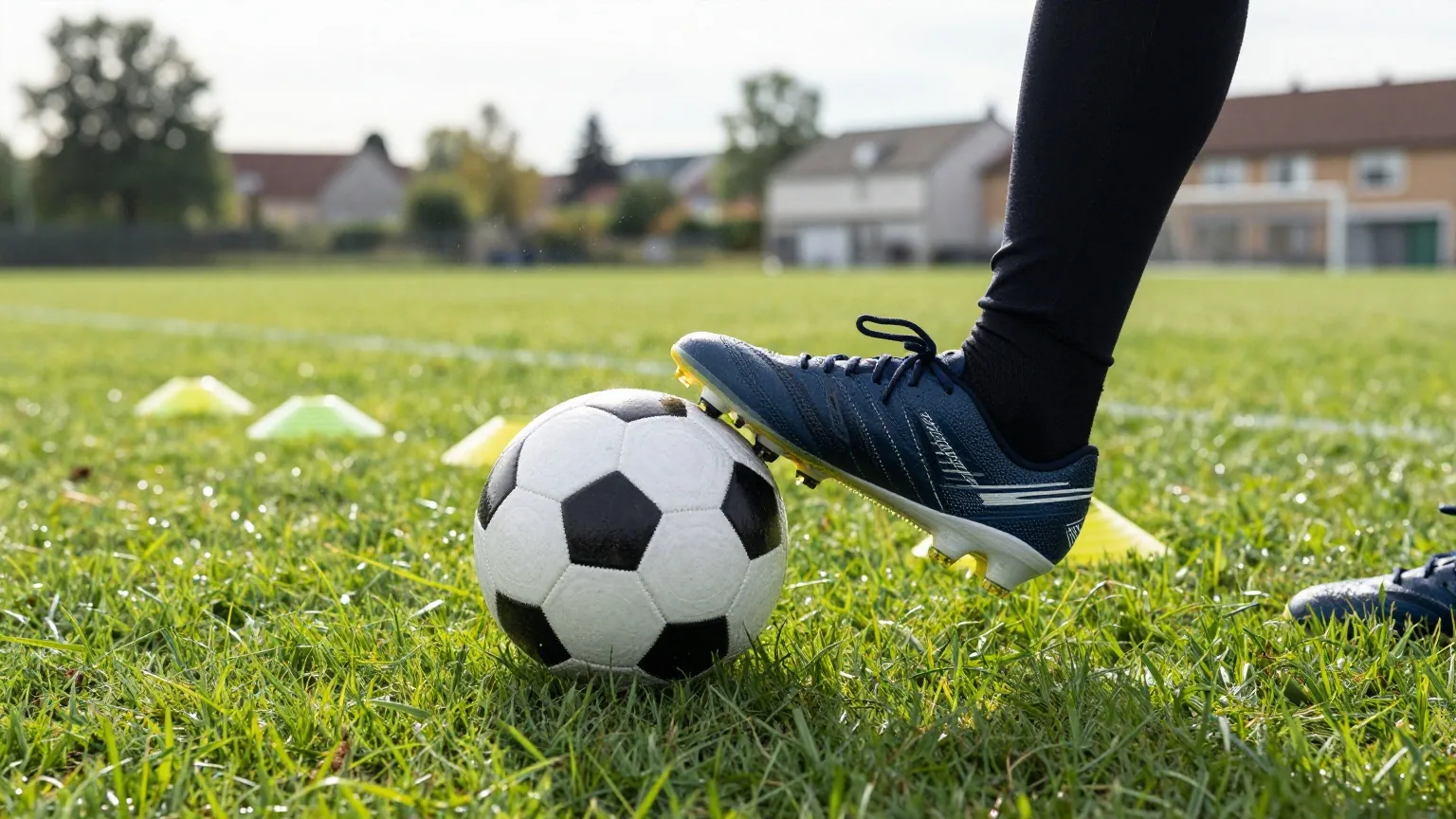 Nahaufnahme eines Fußballschuhs, der den Ball mit der Innenseite auf nassem Rasen spielt, Tropfen im Gegenlicht