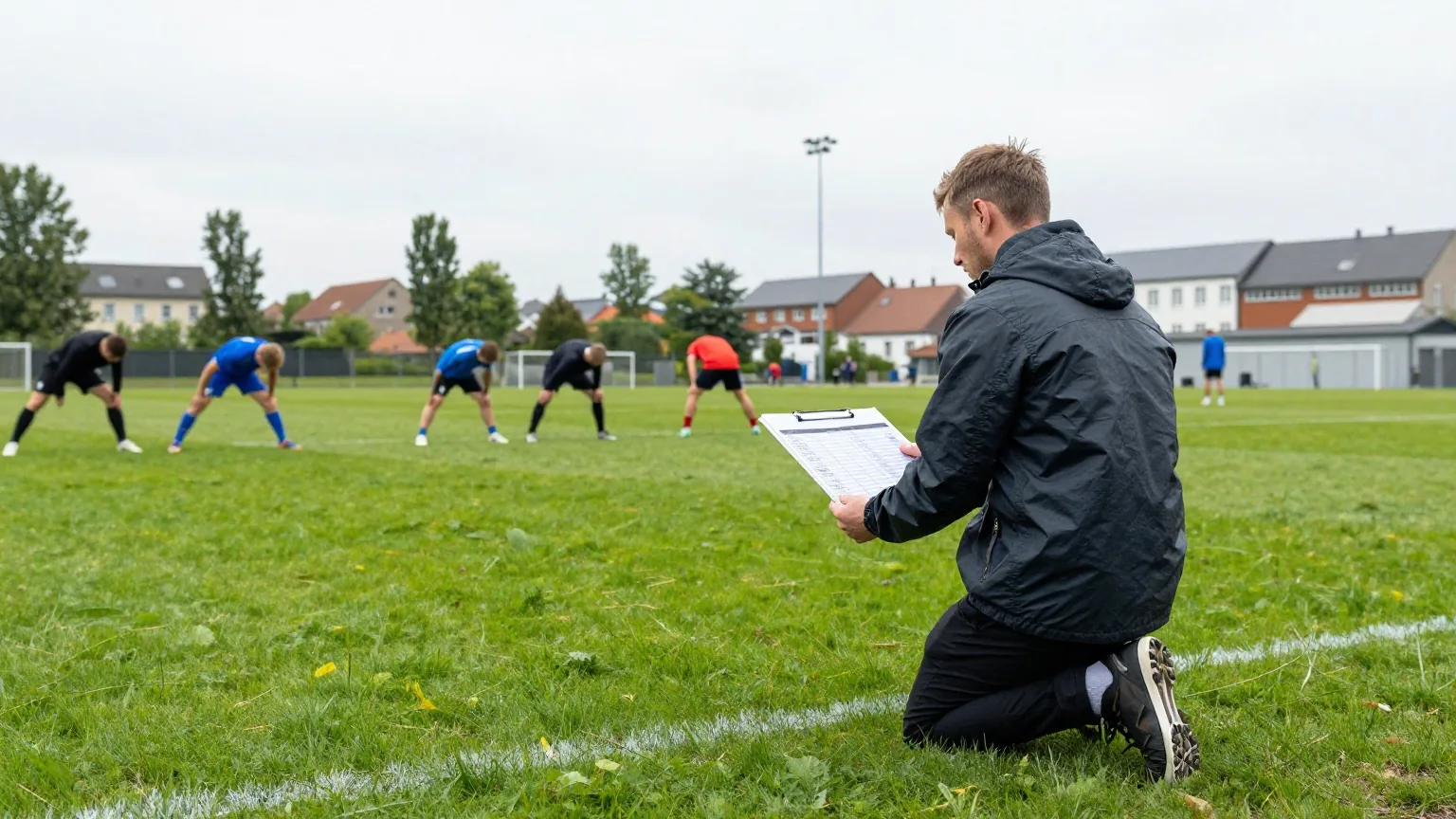 Trainer im Regenjacke kniet mit Taktiktafel auf dem Rasen, im Hintergrund dehnen sich erwachsene Spieler