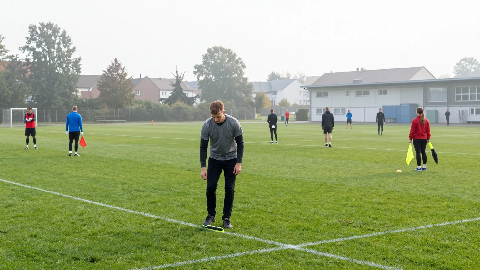 Ehrenamtliche bereiten am Samstagmorgen einen Sportplatz vor, ein Mann kreidet Linien, eine Frau trägt Eckfahnen