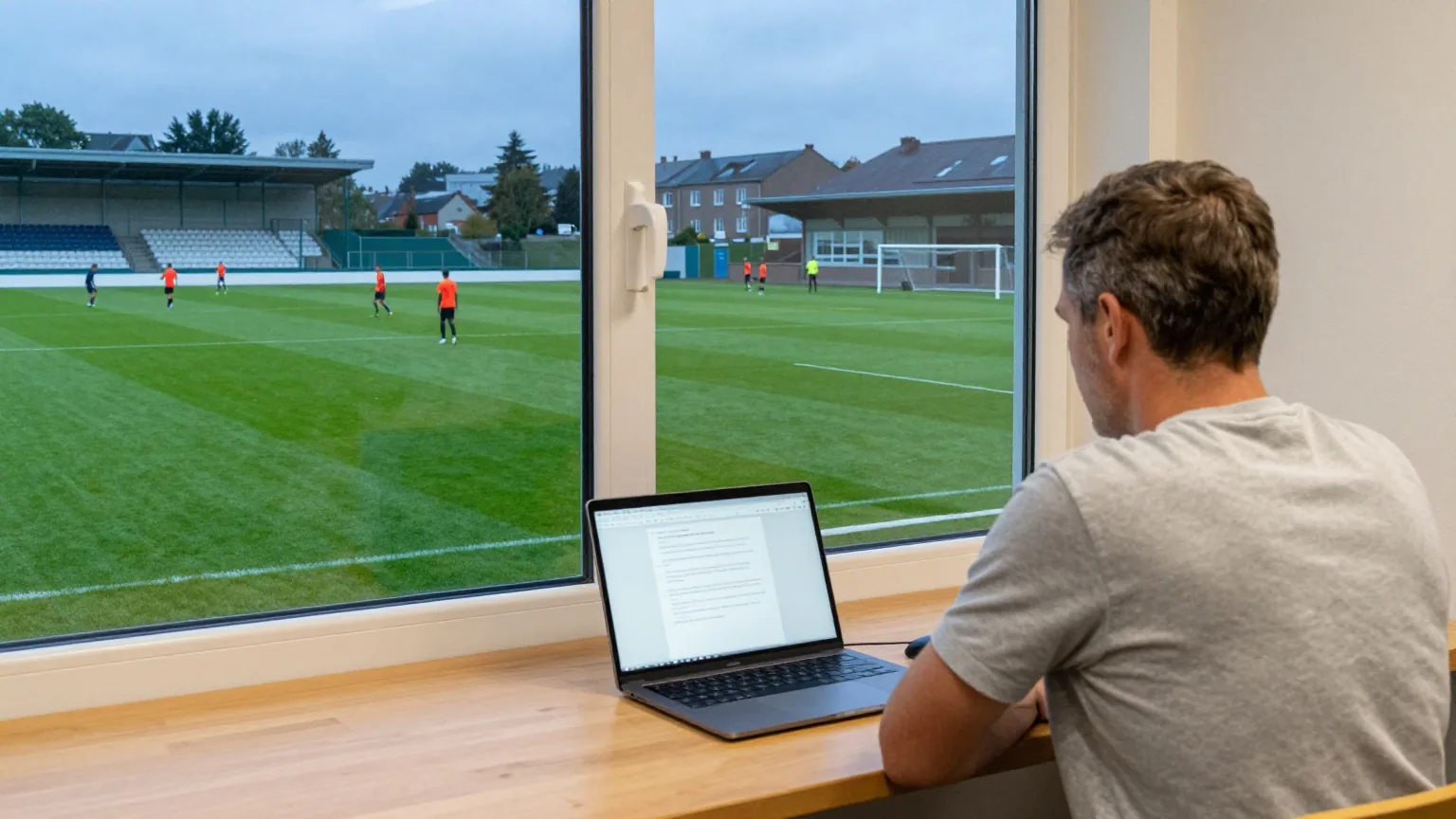 Ehrenamtlicher am Laptop im Vereinsheim, durch das Fenster ist das Training auf dem Sportplatz im Flutlicht zu sehen