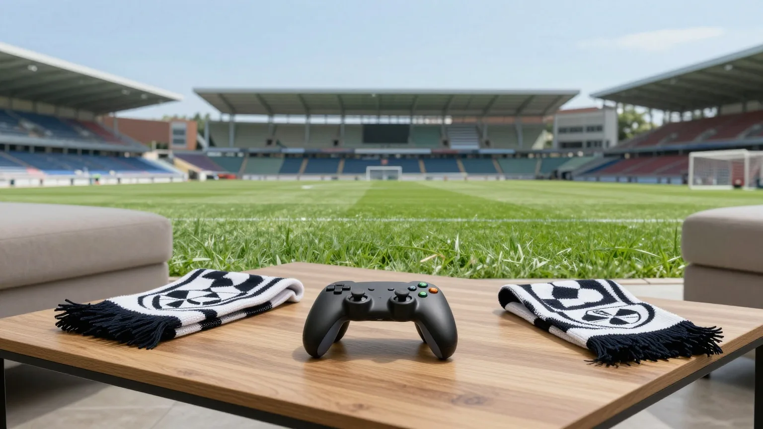 Spielcontroller auf einem Couchtisch neben einem Schal, im Hintergrund ein ausgeschalteter Fernseher