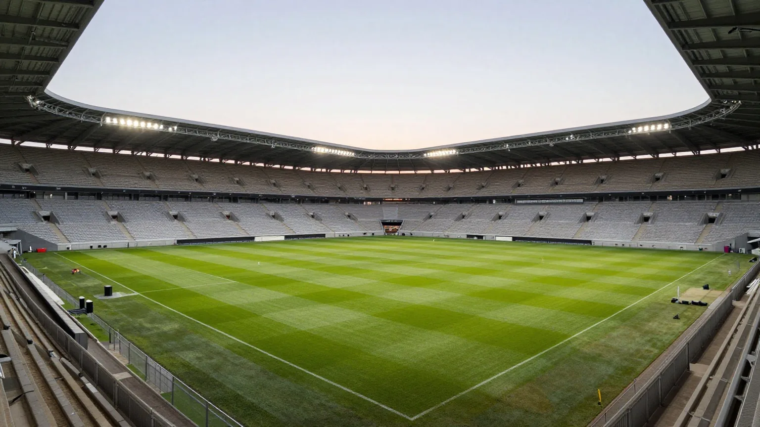 Leeres großes Fußballstadion vom Oberrang bei Sonnenuntergang, gemähter Rasen mit Streifen und eingeschaltetem Flutlicht