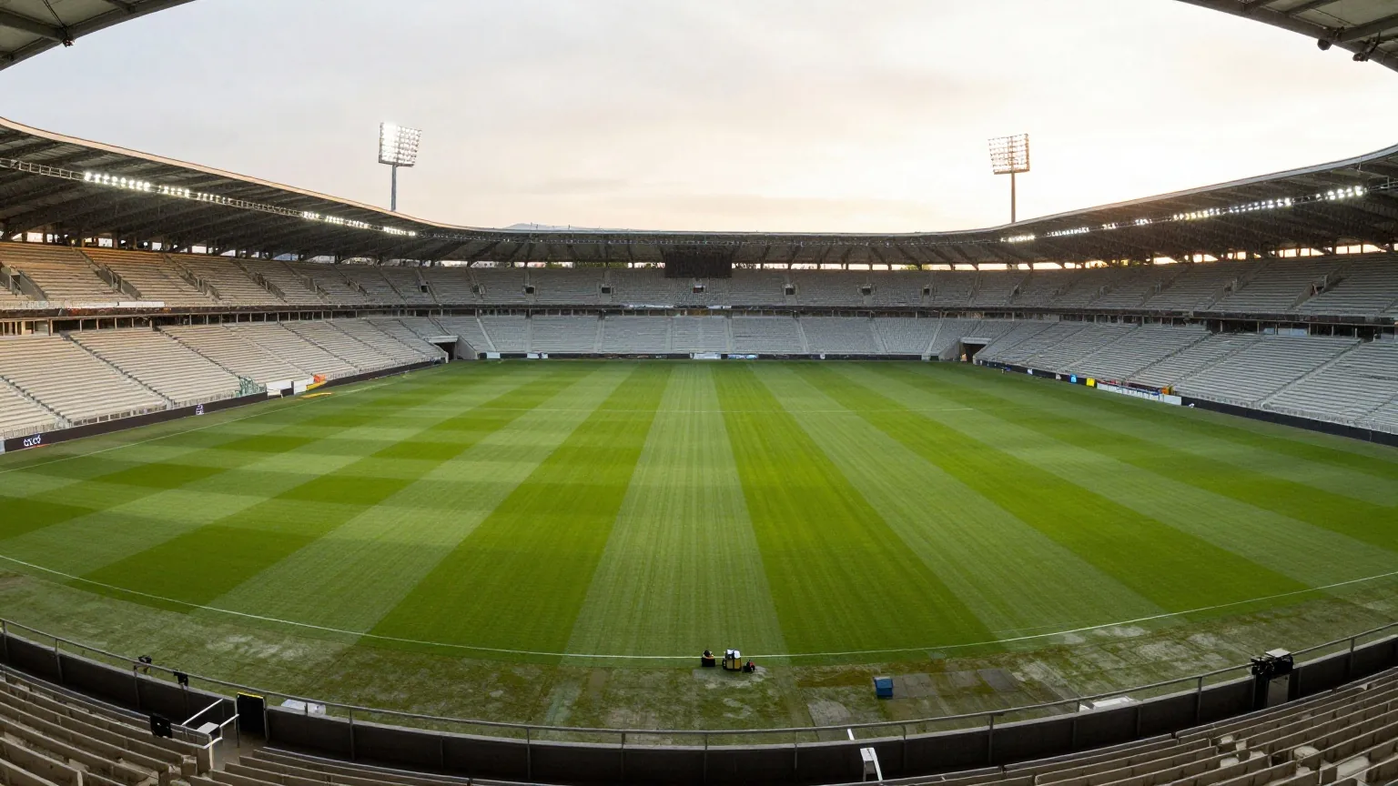 Leeres Stadion in der Abendsonne von der oberen Tribüne aus, Flutlicht an, leichter Regen über dem Rasen