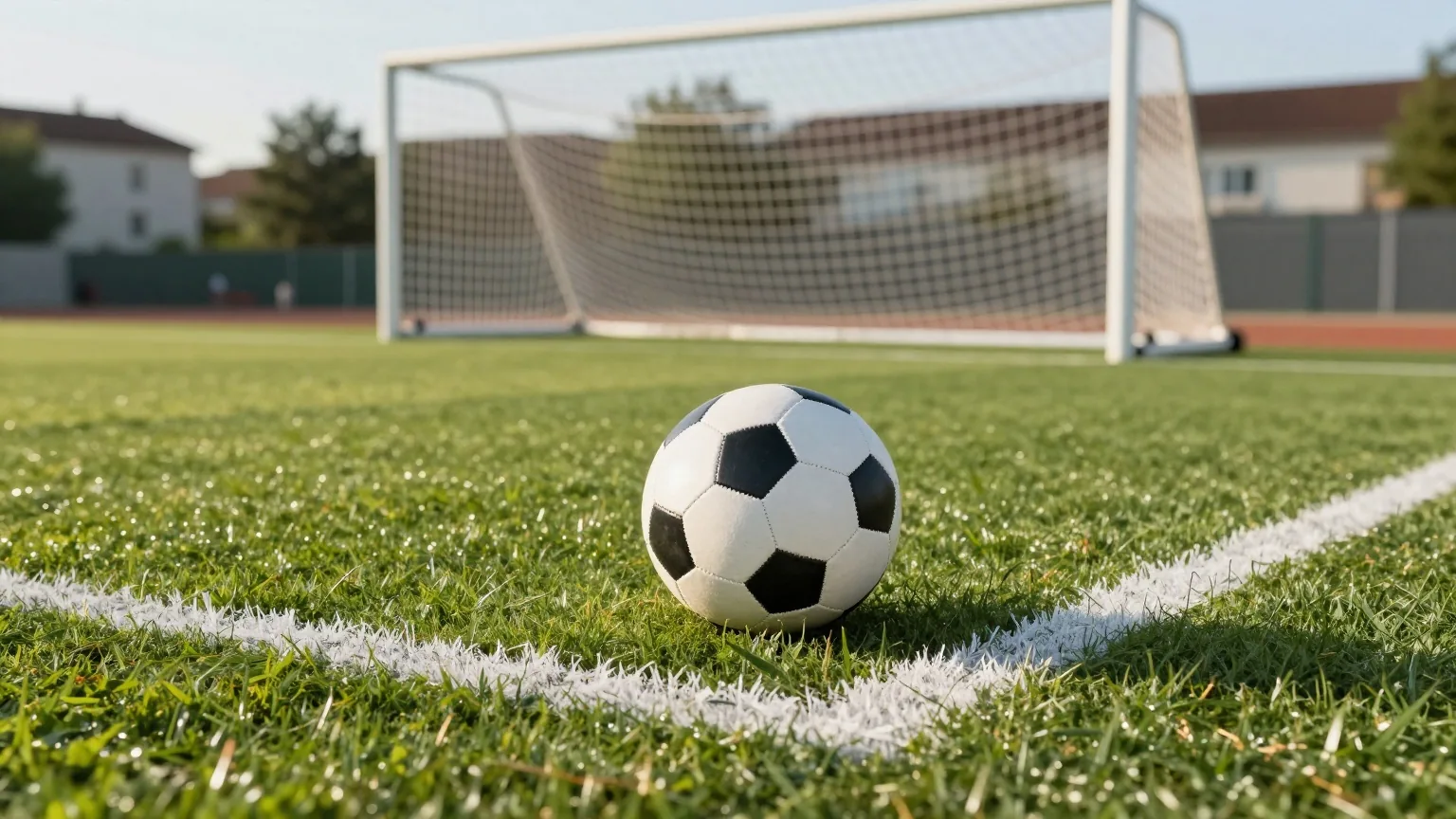 Ein Fußball liegt auf dem weißen Elfmeterpunkt, dahinter unscharf ein leeres Tor mit weißem Netz