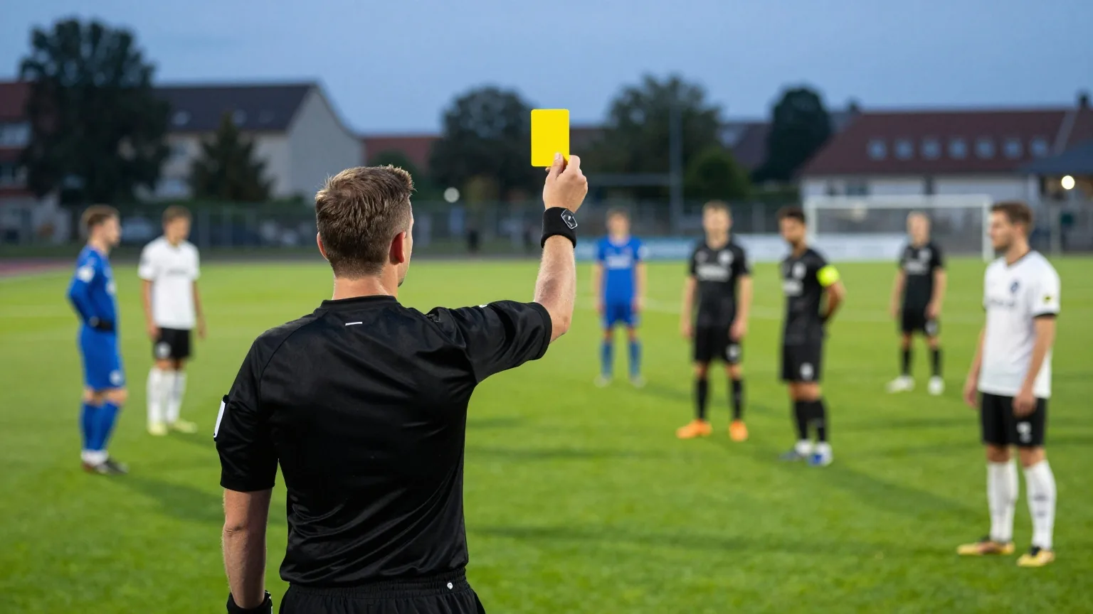 Schiedsrichter in schwarzer Kleidung hält von hinten gesehen eine Gelbe Karte hoch, davor unscharf Spieler