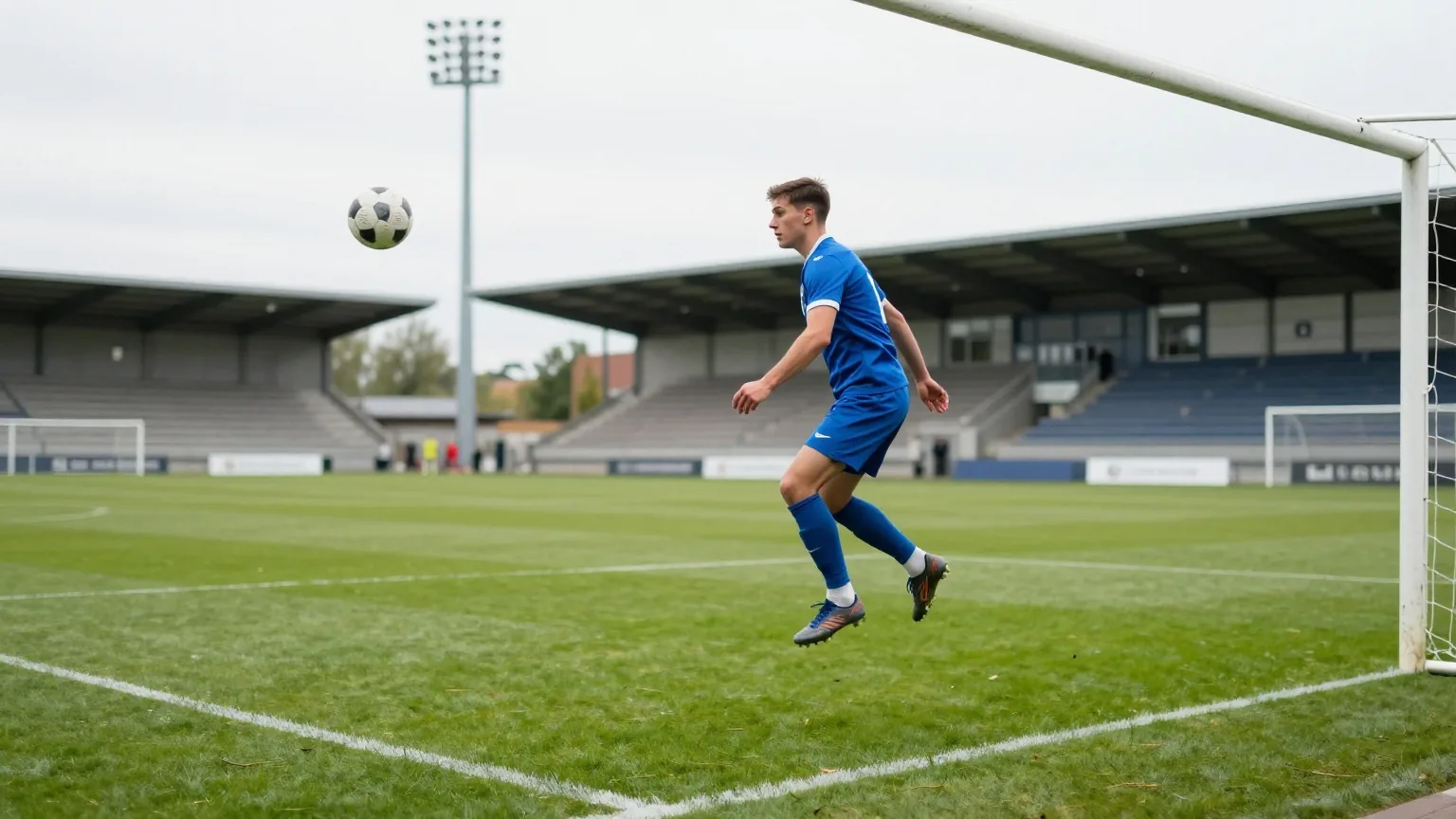 Verteidiger in blauem Trikot springt mit angelegtem Arm in einen Schuss, der Ball fliegt knapp vor ihm