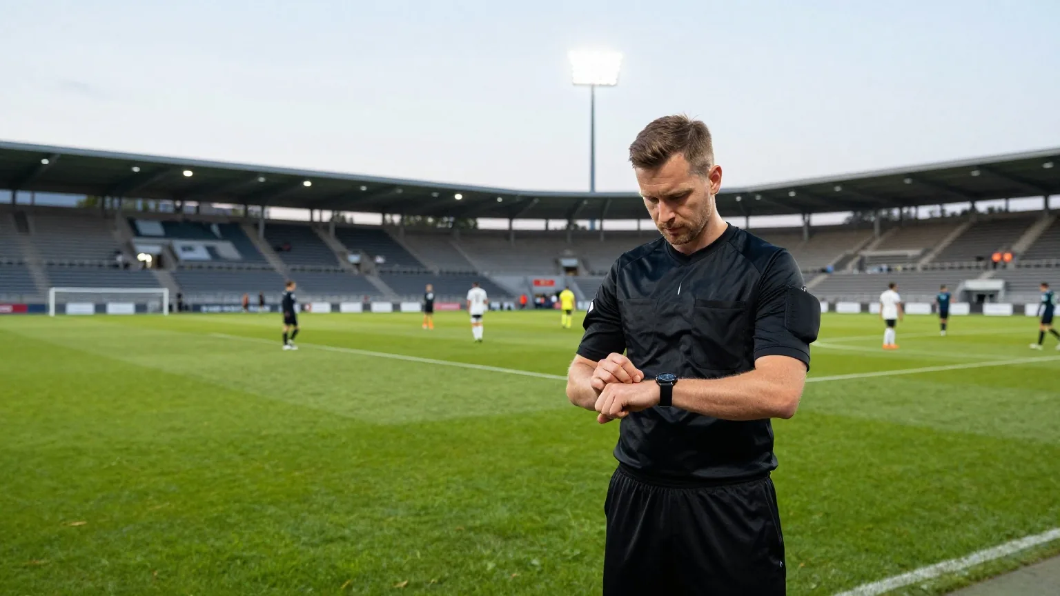 Ein Schiedsrichter in dunkler Kleidung blickt in der Abenddämmerung unter Flutlicht auf seine Armbanduhr