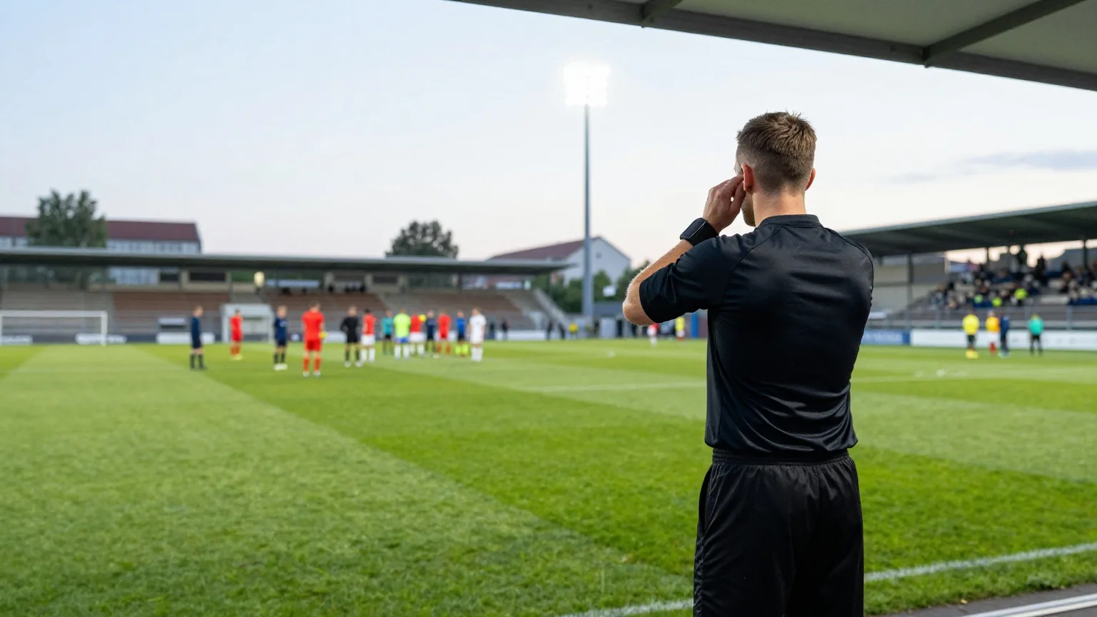Ein Schiedsrichter steht von hinten gesehen am Monitor am Spielfeldrand, im Hintergrund warten Spieler unter Flutlicht