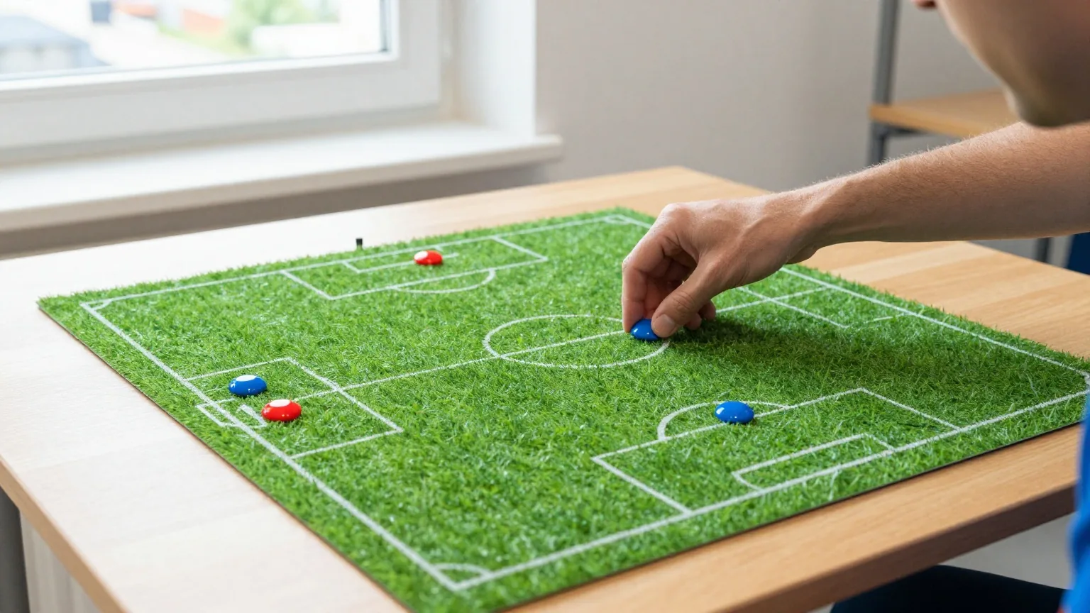 Taktiktafel mit roten und blauen Magneten auf einem gezeichneten Spielfeld, eine Hand verschiebt einen Magneten