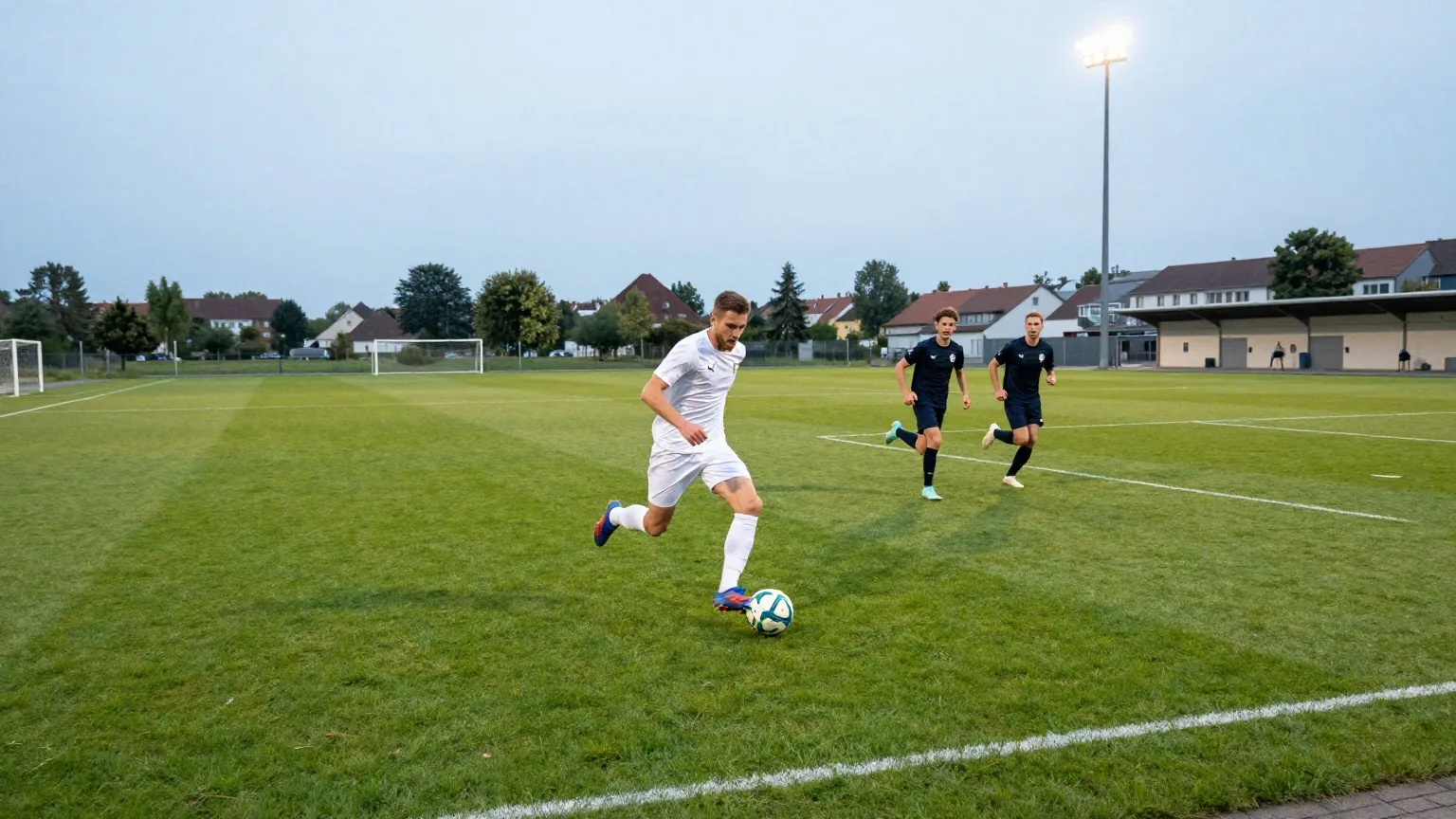 Spieler in weißem Trikot sprintet mit dem Ball über die Mittellinie, zwei Gegenspieler laufen hinterher