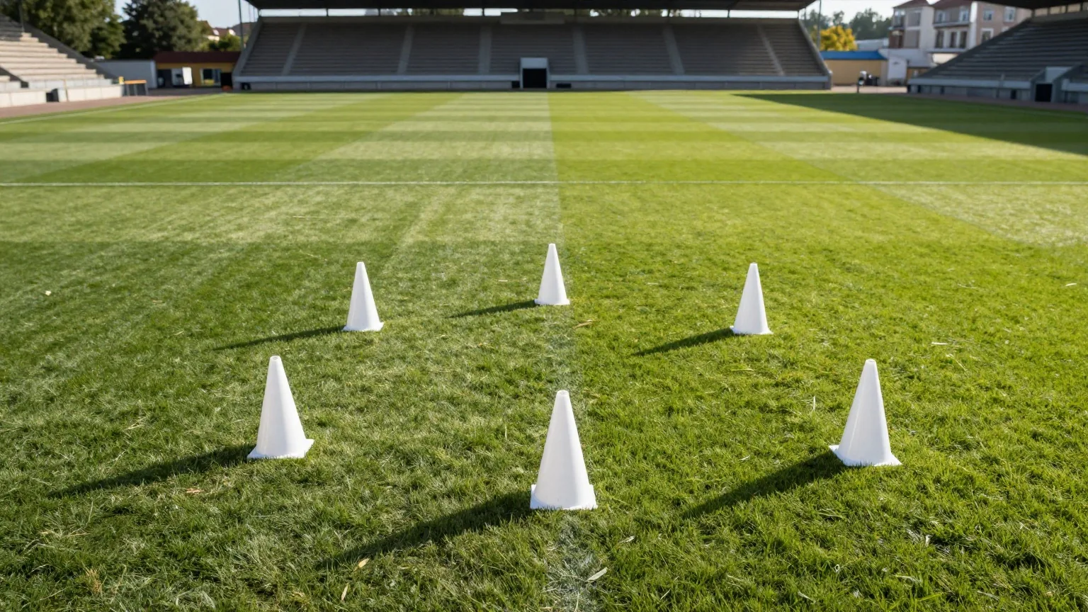 Leeres Fußballfeld im Abendlicht, auf dem Rasen stehen weiße Hütchen in vier Reihen wie eine Aufstellung