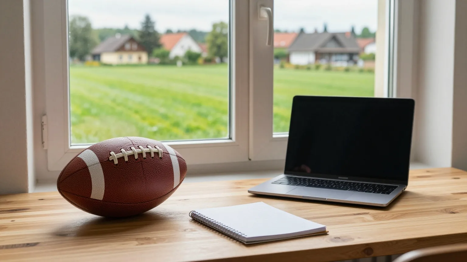 Aufgeräumter Schreibtisch am Fenster eines Dorfhauses mit Lederball, zugeklapptem Laptop und Notizbuch, draußen grüne Felder