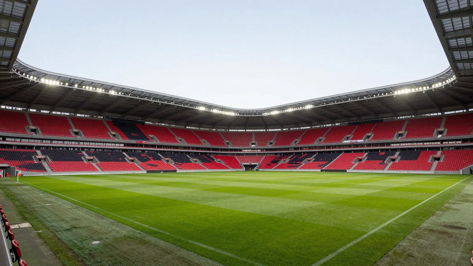 Großes modernes Fußballstadion in der Abenddämmerung mit roten und schwarzen Sitzen, Dachring und leerem Rasen