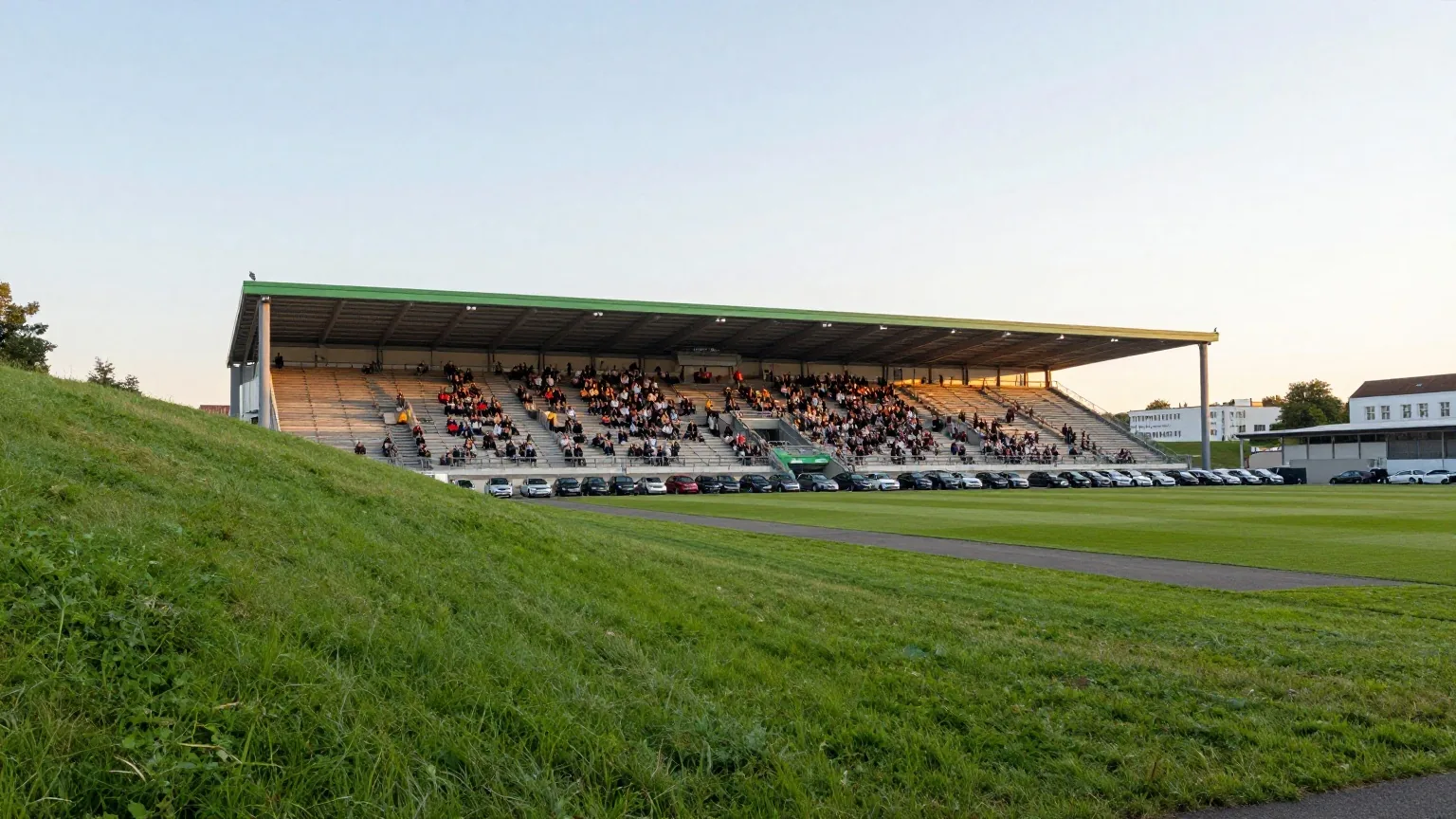 Kompaktes modernes Fußballstadion mit steilen Tribünen in der Abendsonne, davor ein leerer Parkplatz