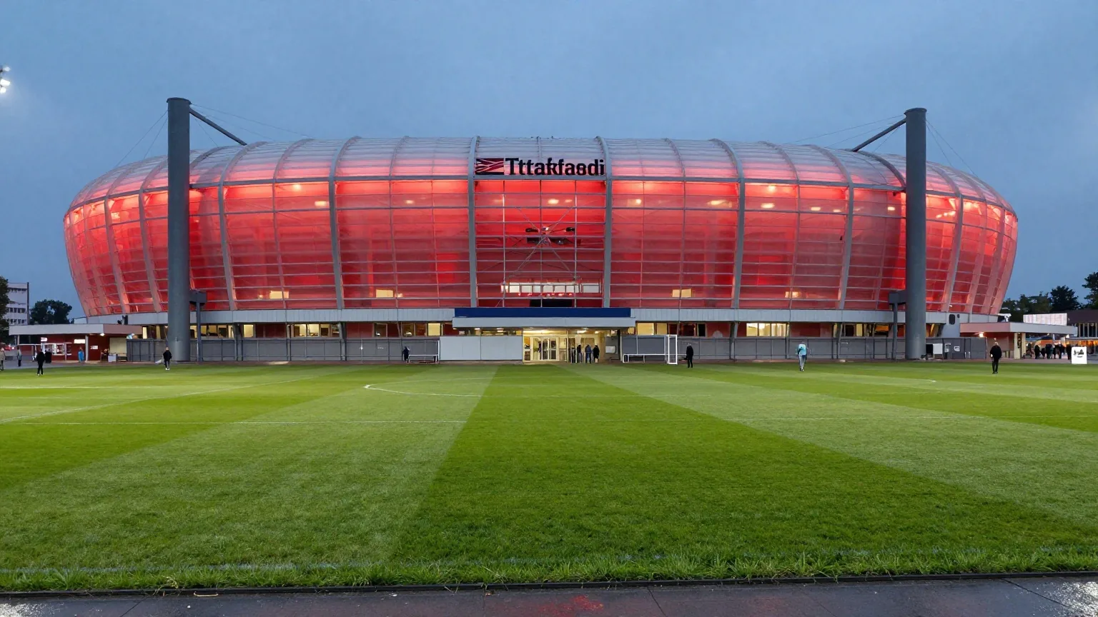 Modernes Fußballstadion bei Nacht von außen, die Fassade leuchtet rot, davor ein nasser leerer Vorplatz