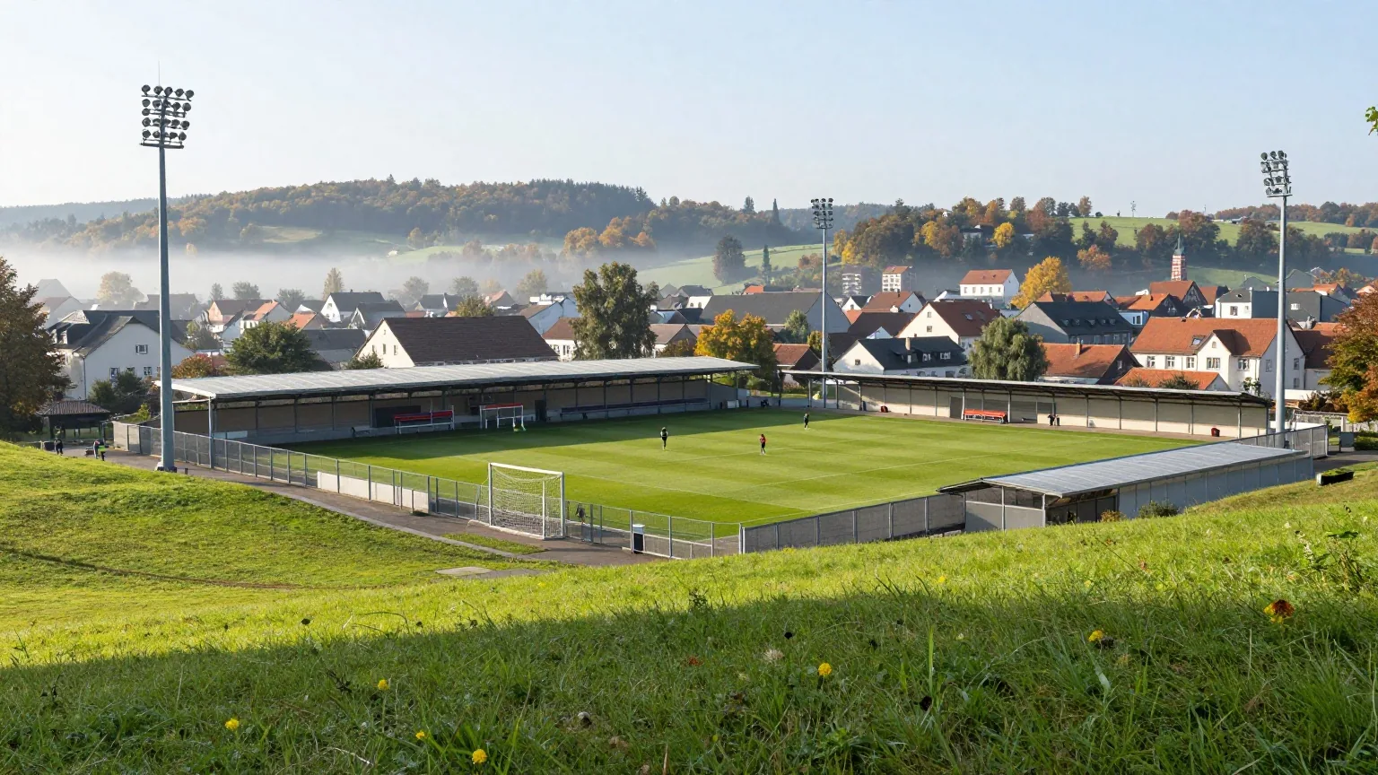 Kleines Fußballstadion auf einer bewaldeten Anhöhe über einer Stadt, im Tal liegt Morgennebel