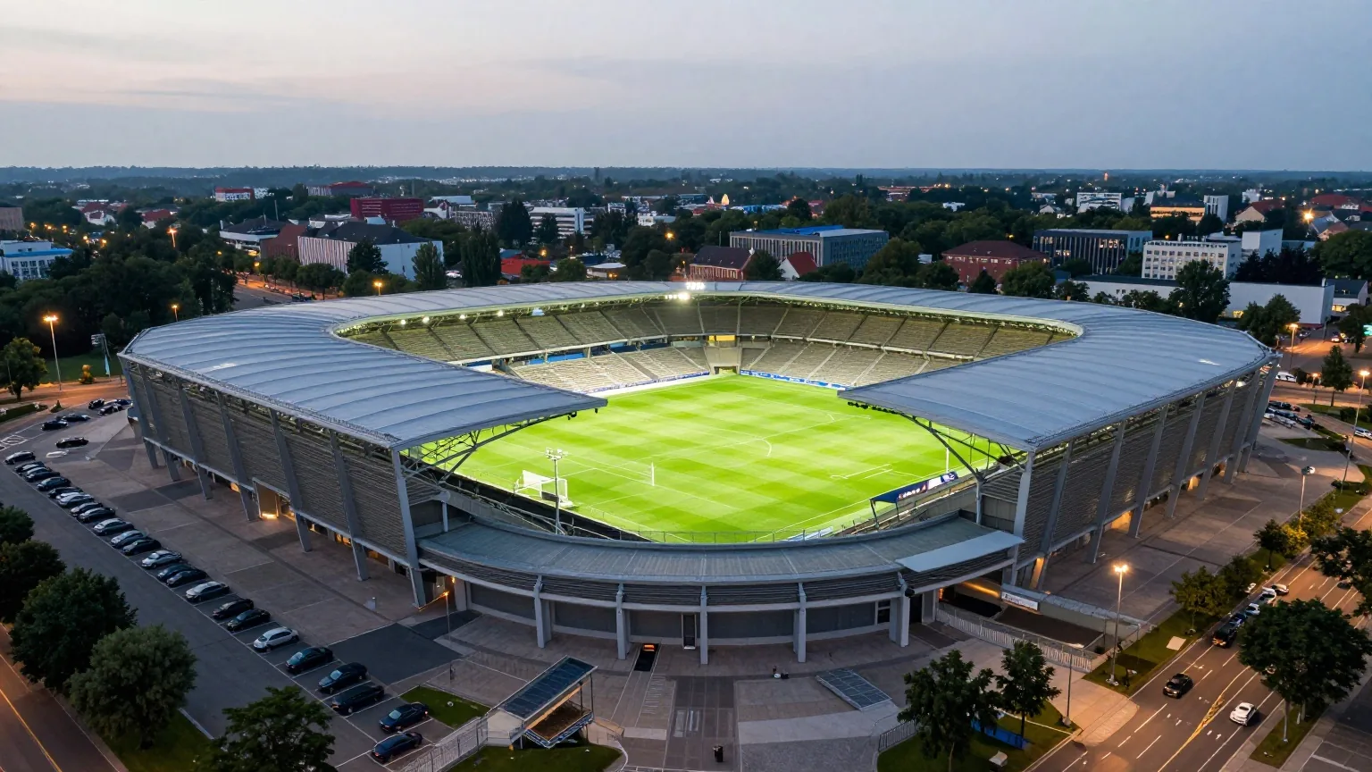 Große überdachte Fußballarena mit teilweise geöffnetem Dach in der Abenddämmerung von oben