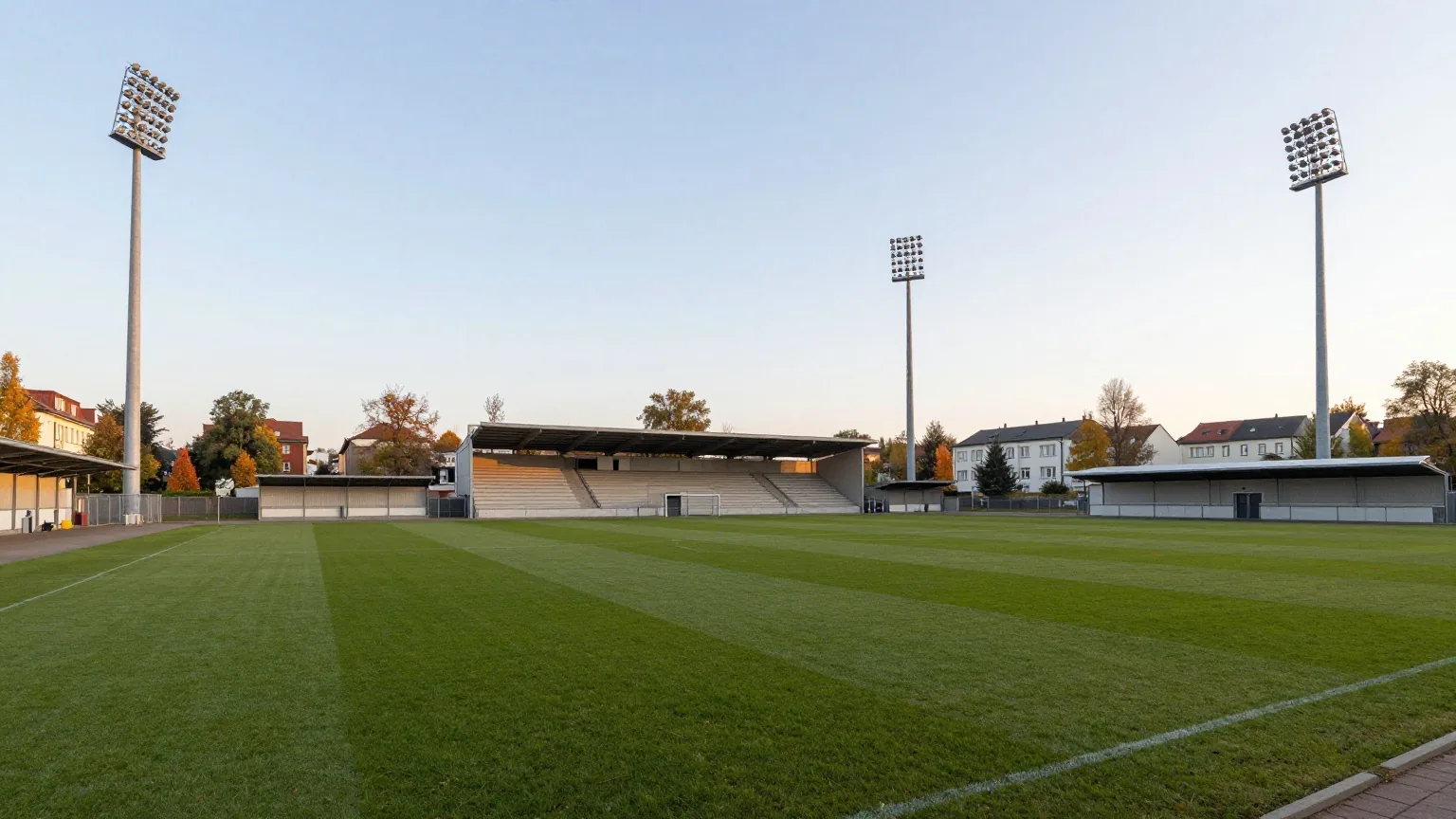 Mittelgroßes Fußballstadion in einem Stadtviertel am Herbstabend mit vier hohen Flutlichtmasten und kleiner überdachter Haupttribüne
