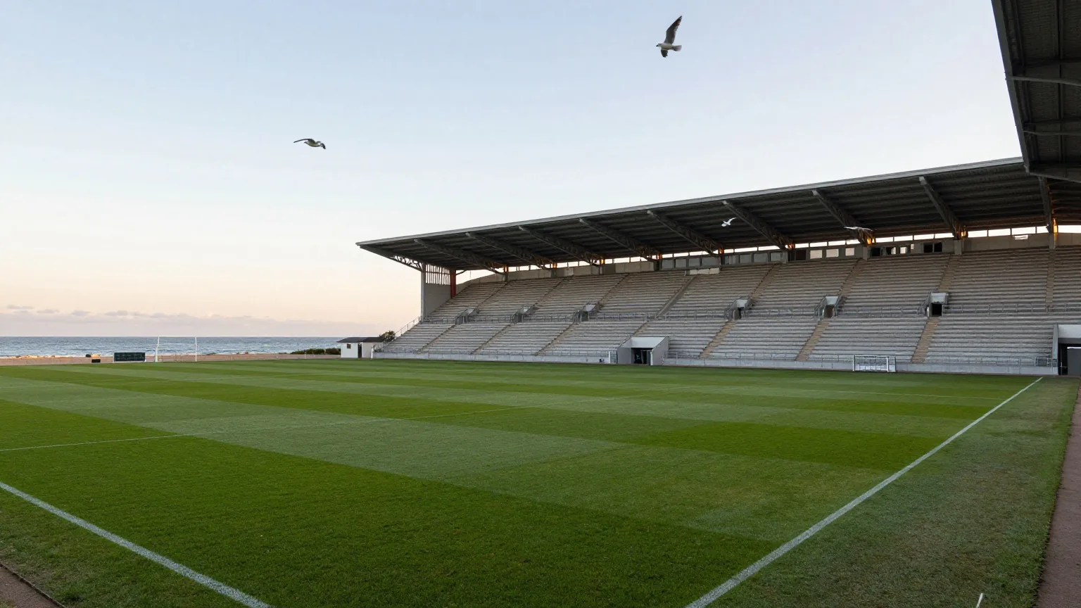 Fußballstadion nahe der Ostseeküste im Sonnenuntergang mit steilen überdachten Tribünen und Möwen am Himmel