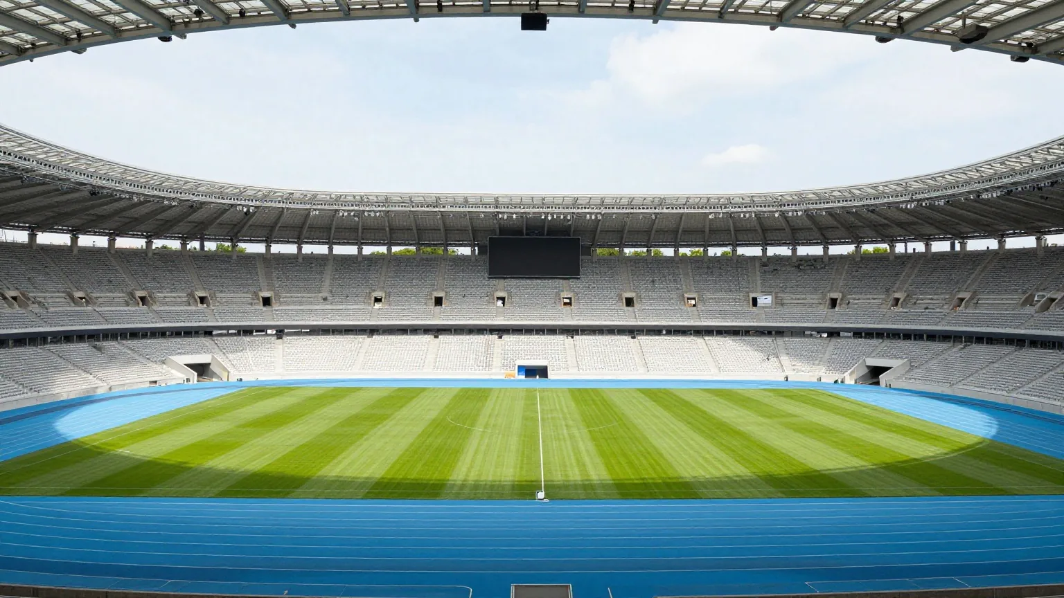 Großes ovales Stadion mit historischer Steinfassade, modernem Dach und blauer Laufbahn um das grüne Spielfeld