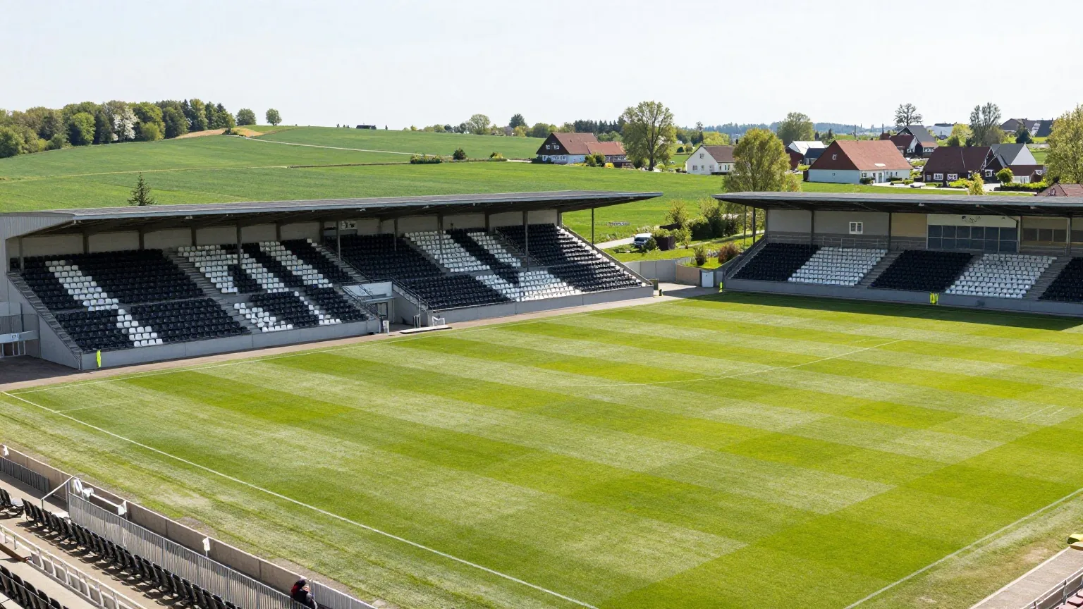 Kleines modernes Fußballstadion mit schwarzen und weißen Sitzen, dahinter flaches Ackerland im Frühlingslicht