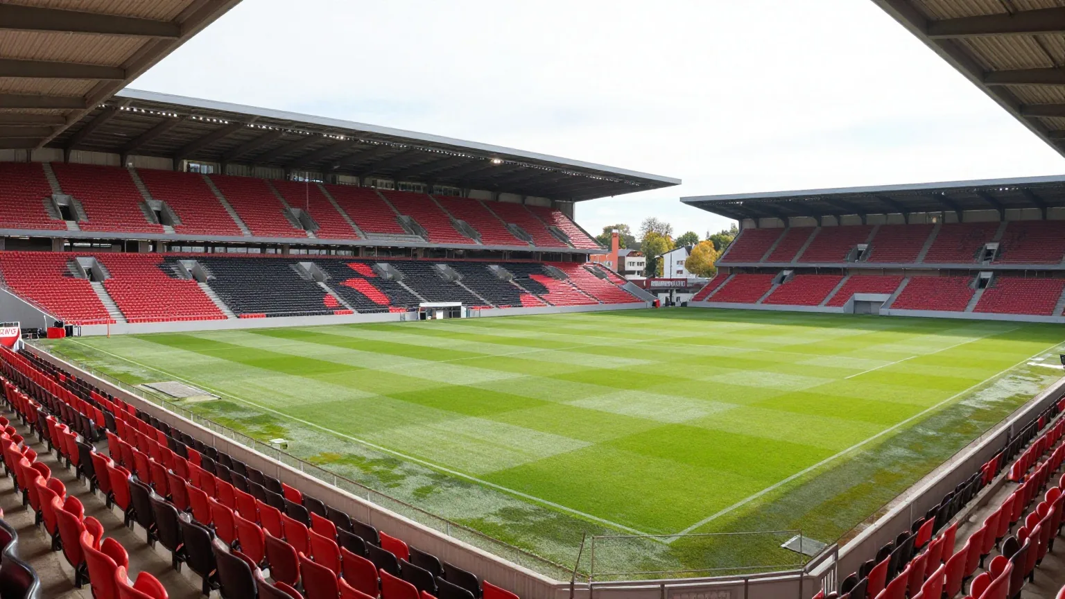Kompaktes modernes Fußballstadion mit roten und schwarzen Sitzen an einem sonnigen Herbstnachmittag