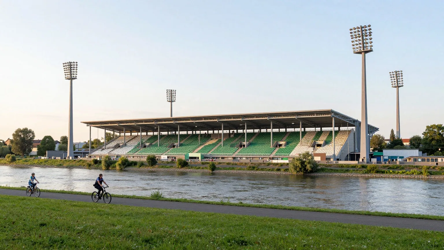 Großes Fußballstadion am Flussufer bei Abendsonne mit vier Flutlichtmasten und grün-weißen Sitzen