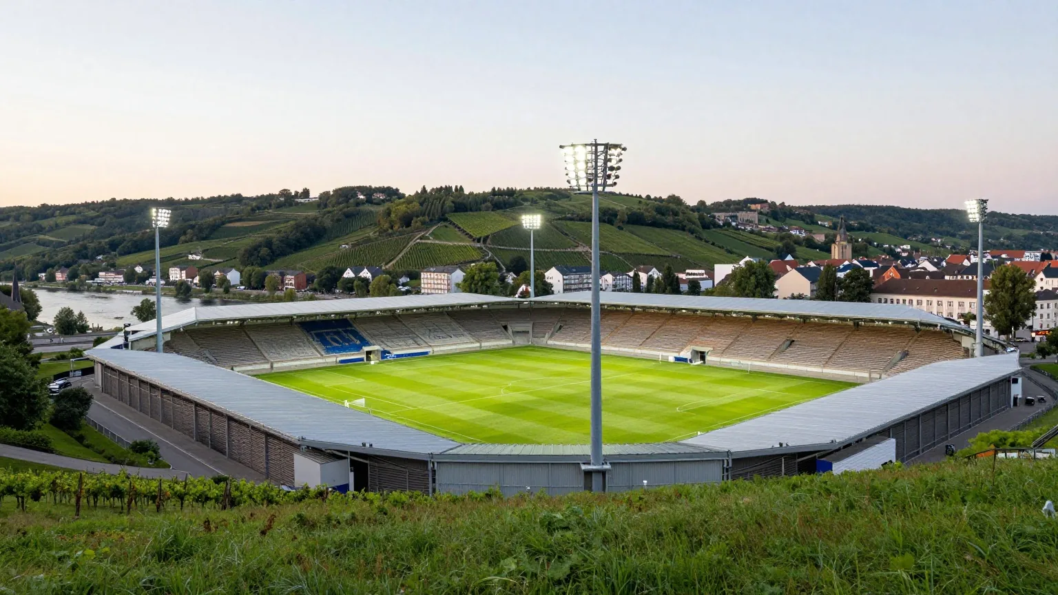 Kompaktes Fußballstadion an einem bewaldeten Hang über einer Stadt am Fluss in der Dämmerung, im Hintergrund Weinberge