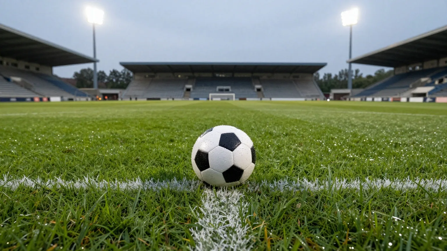 Fußball auf dem Mittelpunkt eines nassen Rasens in der Dämmerung, Tropfen glitzern im Flutlicht