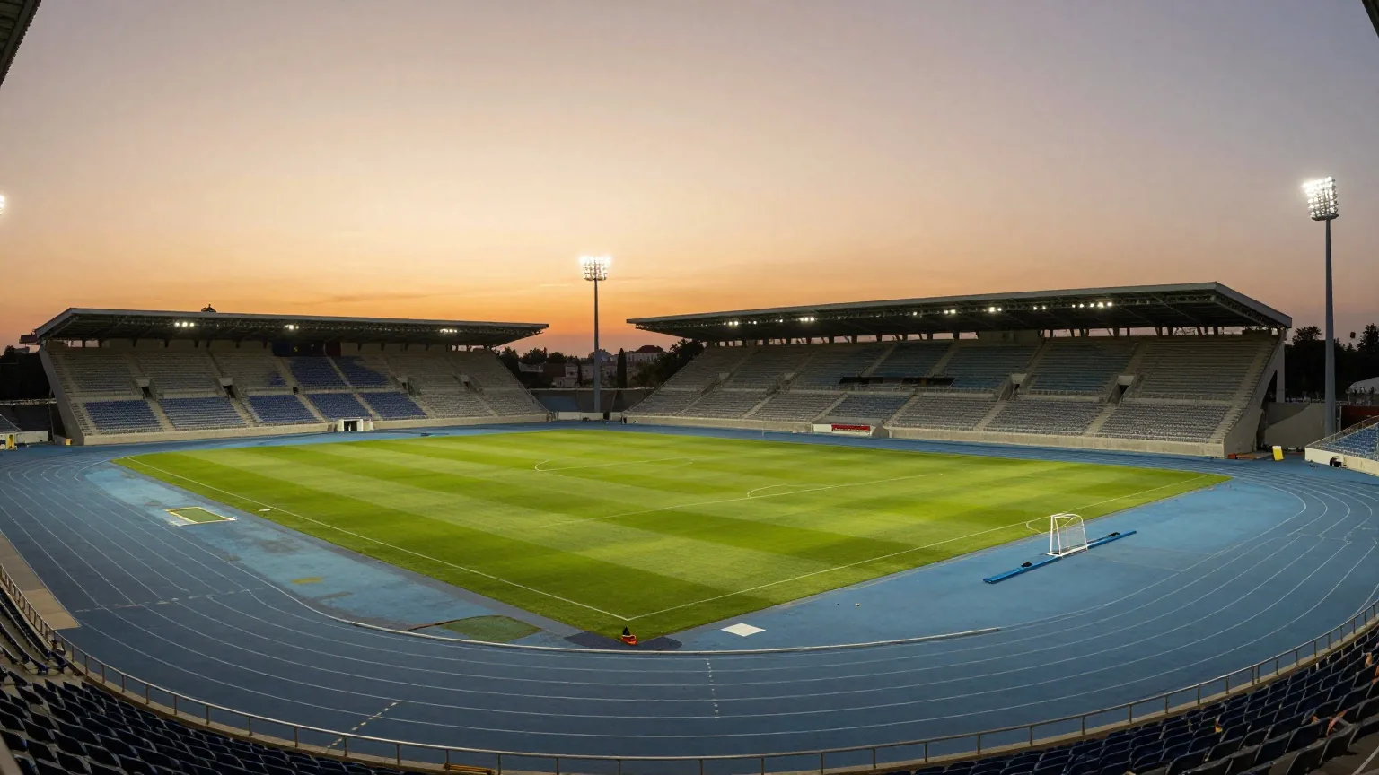 Großes ovales Stadion in der Abenddämmerung mit blauer Laufbahn um den grünen Rasen, Flutlicht eingeschaltet